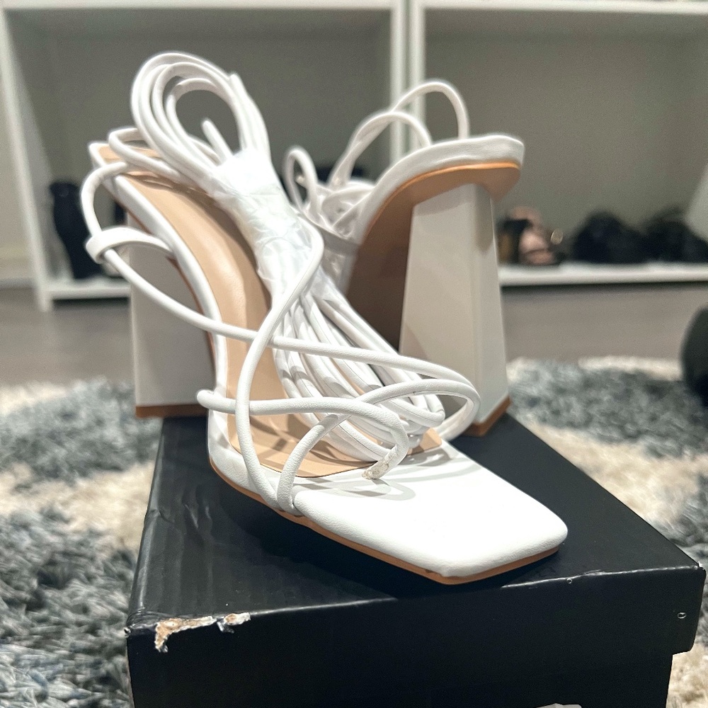 White Lace Up Heels - Picture 1 of 5